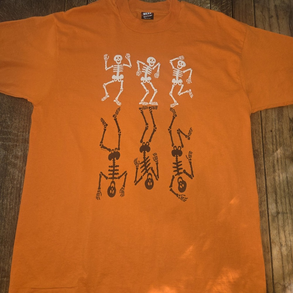 Vintage 90s Dancing Skeletons T-shirt Sz Xl Orange Halloween Fall Spooky Season
